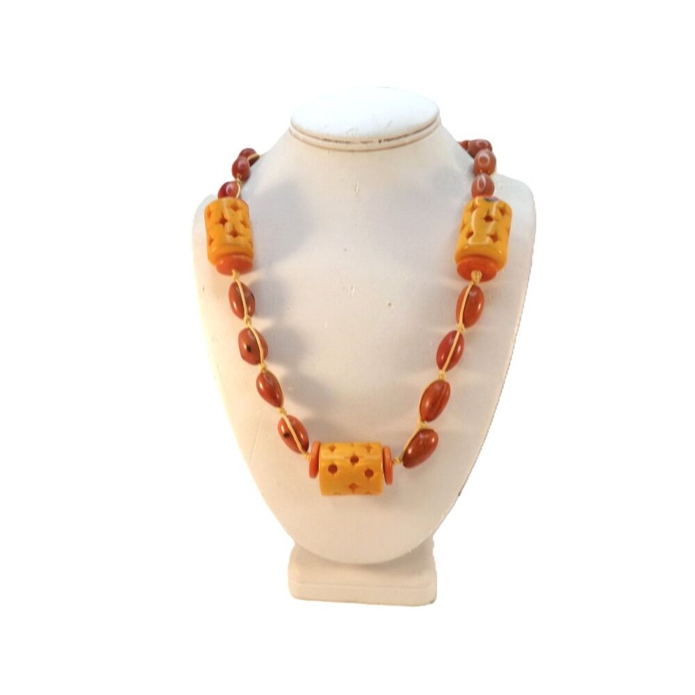 Hand Carved and Dyed Tagua Nut Beaded Necklace on Cord Size 28.5 inches - New